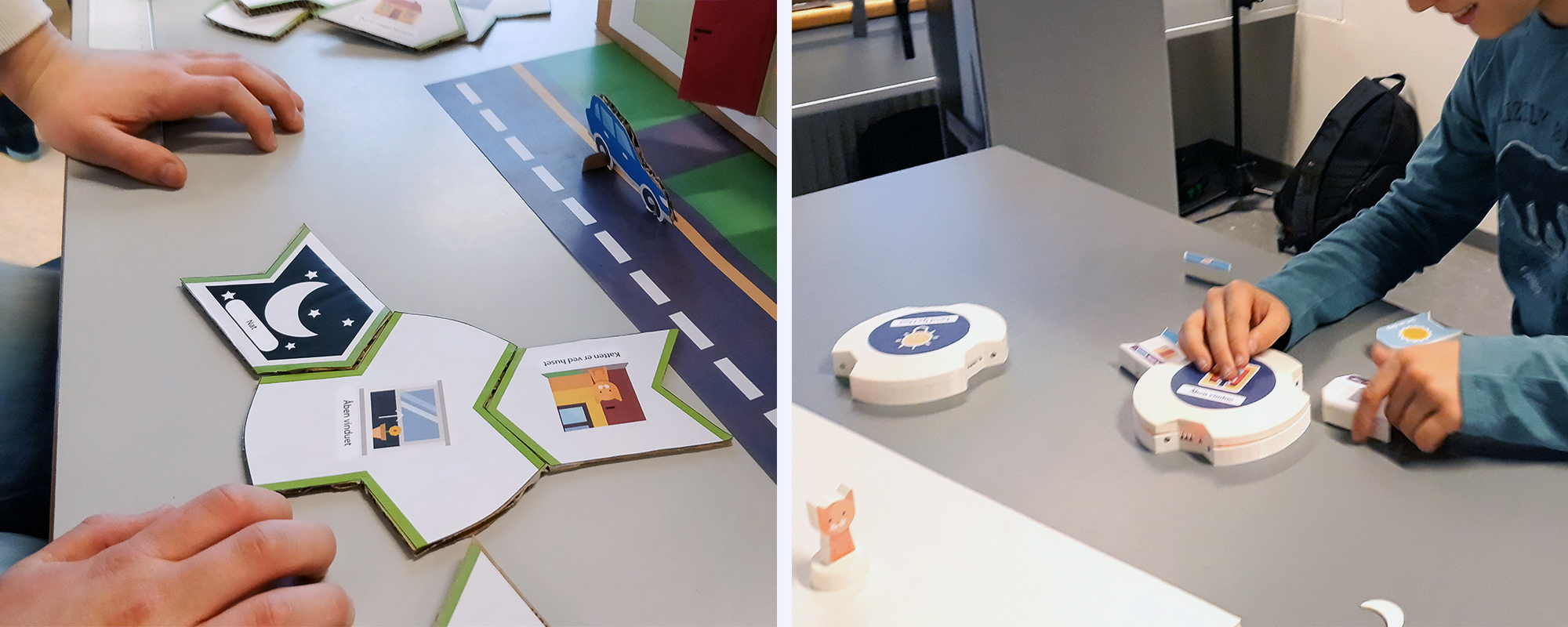 Early testing with 2nd grade children at a Primary School using a cardboard prototype (left). A functional prototype was also developed and tested with children (right).