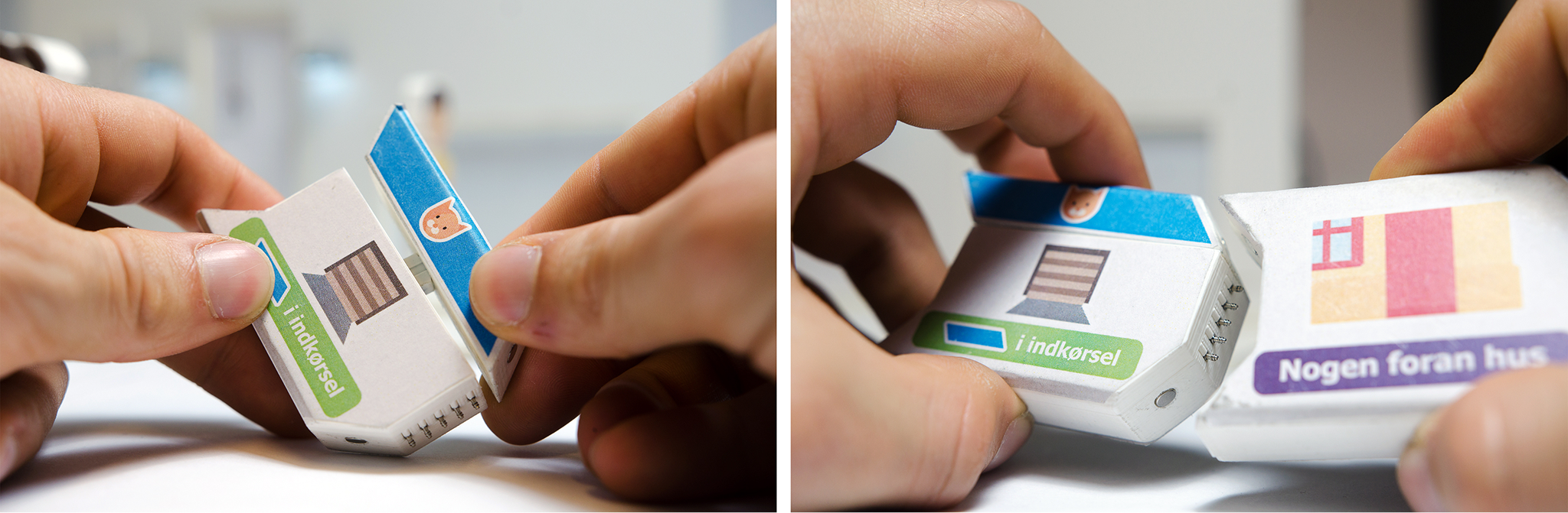 Cat variable being assigned to "if X in driveway" statement (left). It's then connected to another block to make a new logical AND statement: "if Cat in driveway AND someone is in front of the house" (right).